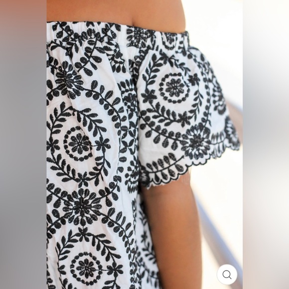 ENTRO Navy Blue White Embroidered Off The Shoulder Dress Short Mini Scalloped - Picture 6 of 14